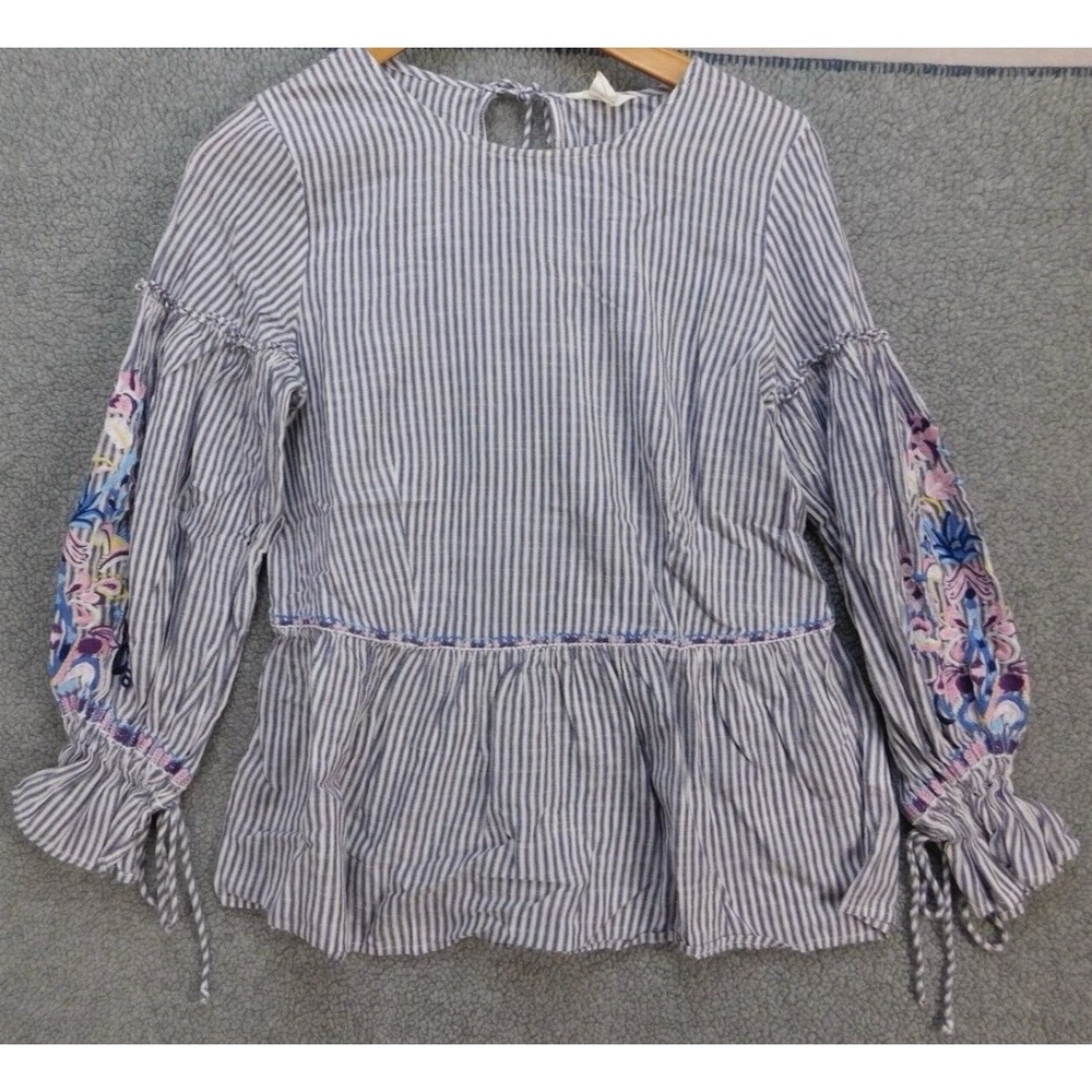 Caslon Womens Floral Embroidered Stripe Peasant Blouse Medium Boho Bell Sleeve